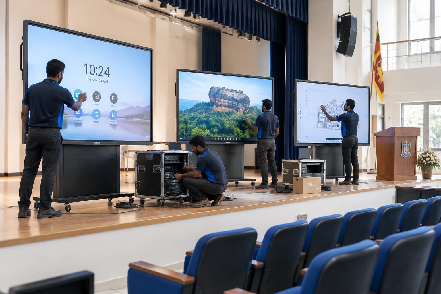 Technical team commissioning interactive flat panel displays in Sri Lanka