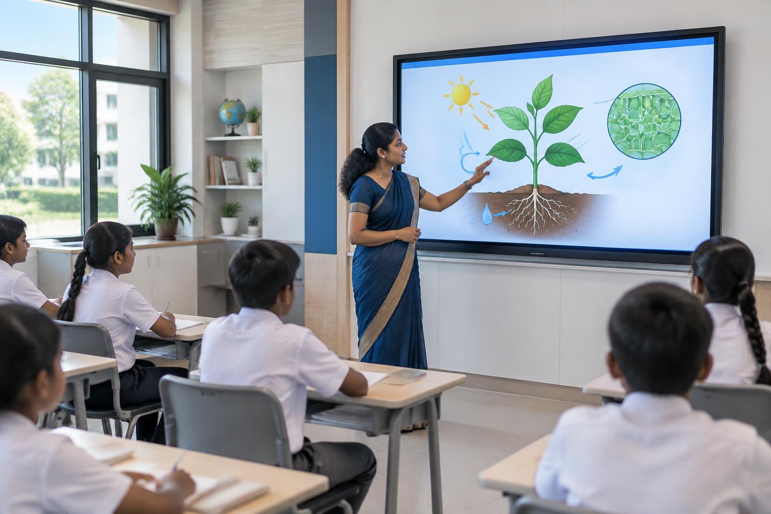 Teacher using a large interactive flat panel in a bright smart classroom
